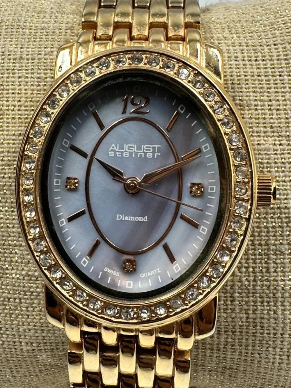 August Steiner Watch Women Gold Tone Blue Mother of Pearl Dial New Battery